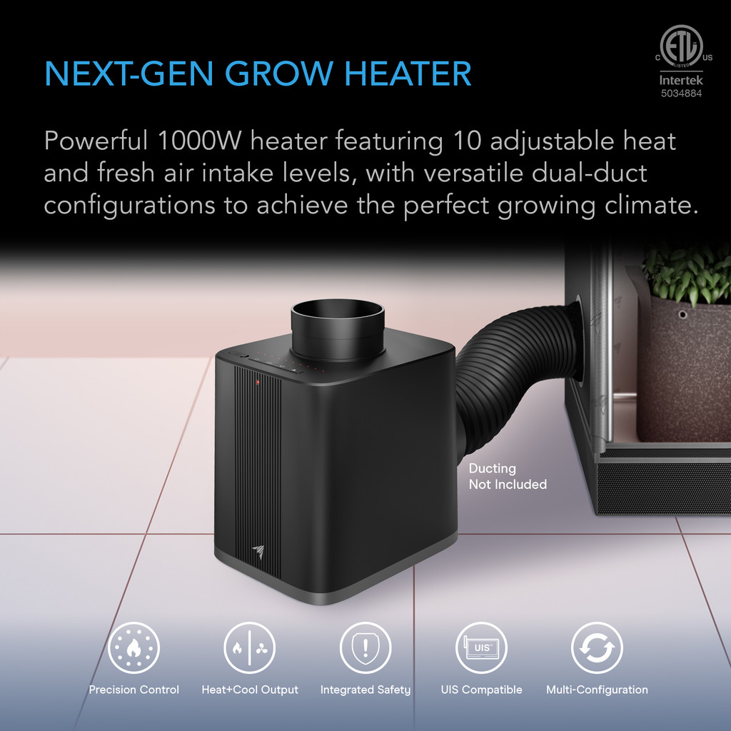 Environmental Heater with 10-Level PWM PTC Heating or Fresh Air, Dual Ducting, Built in Safety for Grow Tents, Rooms, Greenhouses