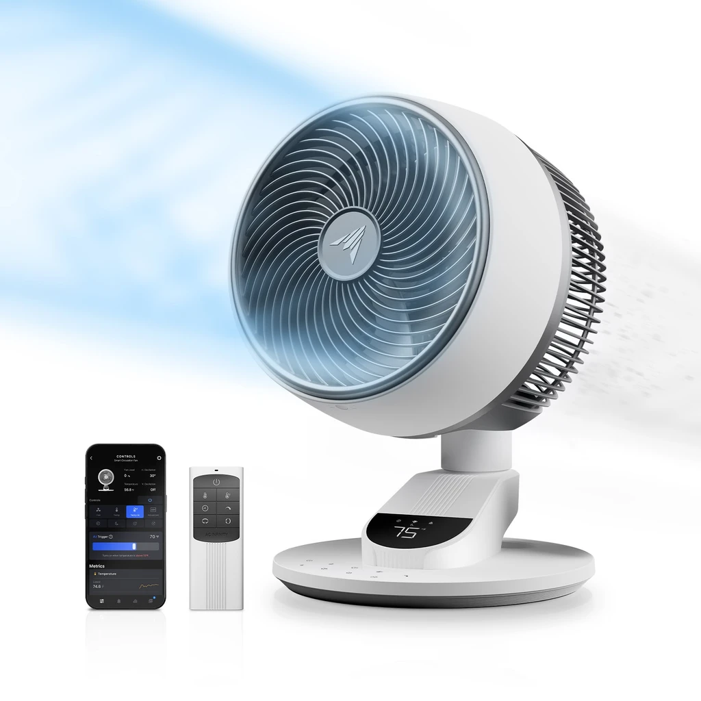 AC Infinity smart home air circulator fan with 3D oscillation, app control, and air filtration. Desk and pedestal models.