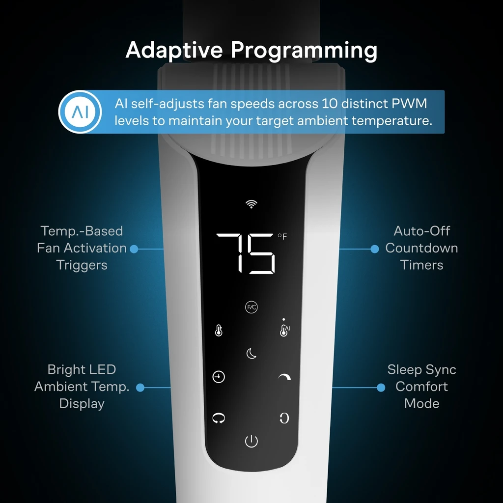 AC Infinity smart home air circulator fan with 3D oscillation, app control, and air filtration. Desk and pedestal models.