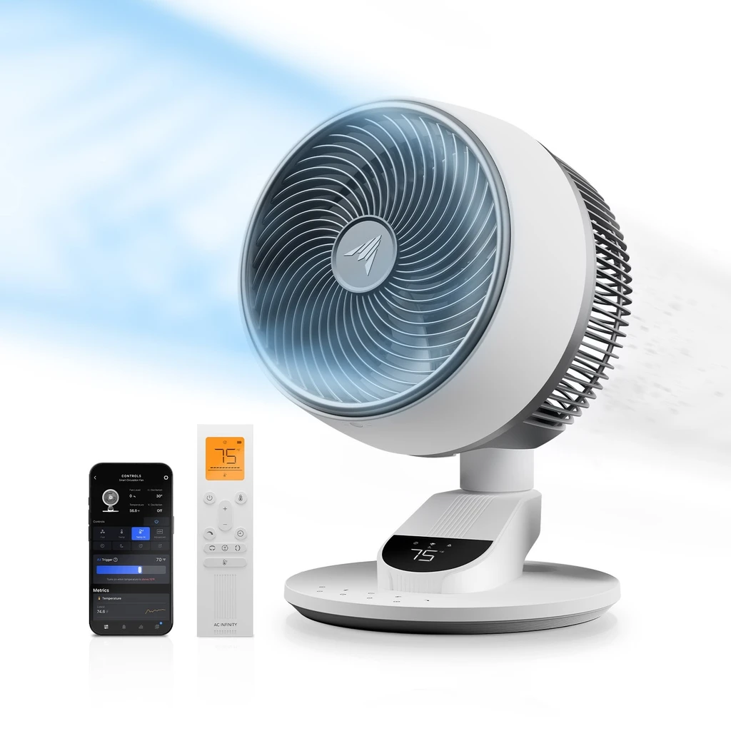 AC Infinity smart home air circulator fan with 3D oscillation, app control, and air filtration. Desk and pedestal models.