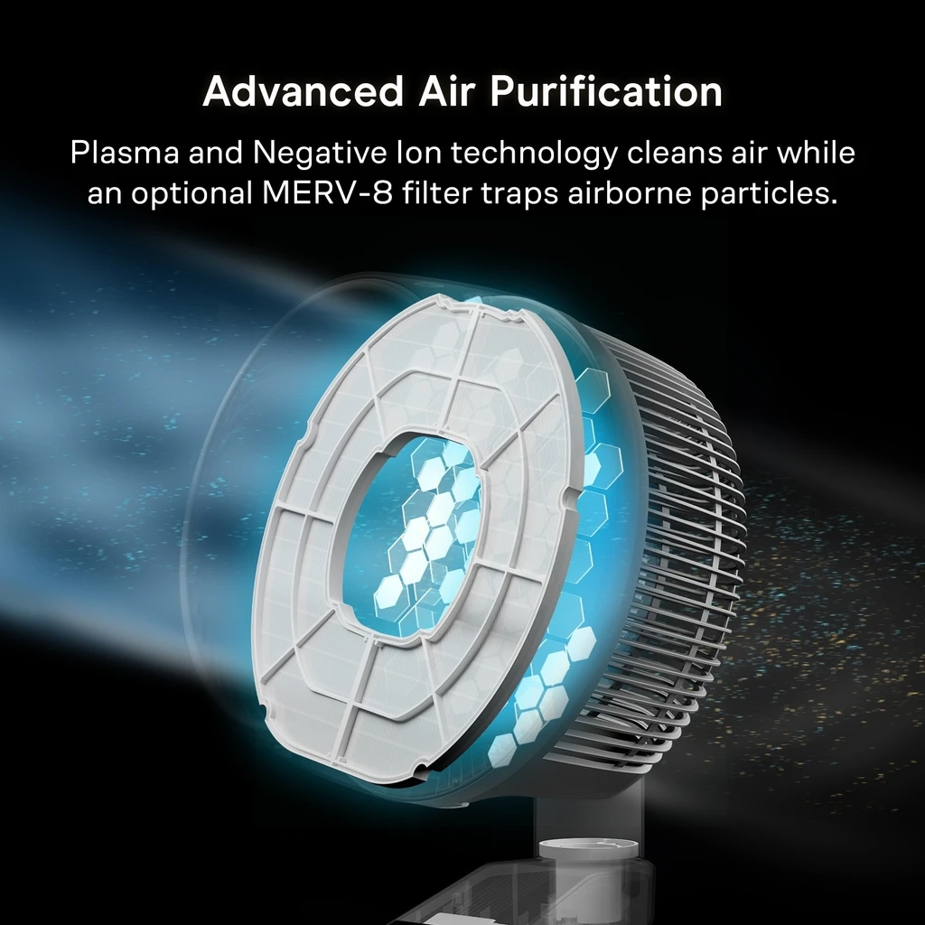 AC Infinity smart home air circulator fan with 3D oscillation, app control, and air filtration. Desk and pedestal models.