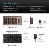 AIRTAP T4 Bronze, Register Booster Fan for 4” x 10” Register Holes, Improves Heating & Cooling from AC Vents, with 10-Level Speeds and Bluetooth Integrated App Control