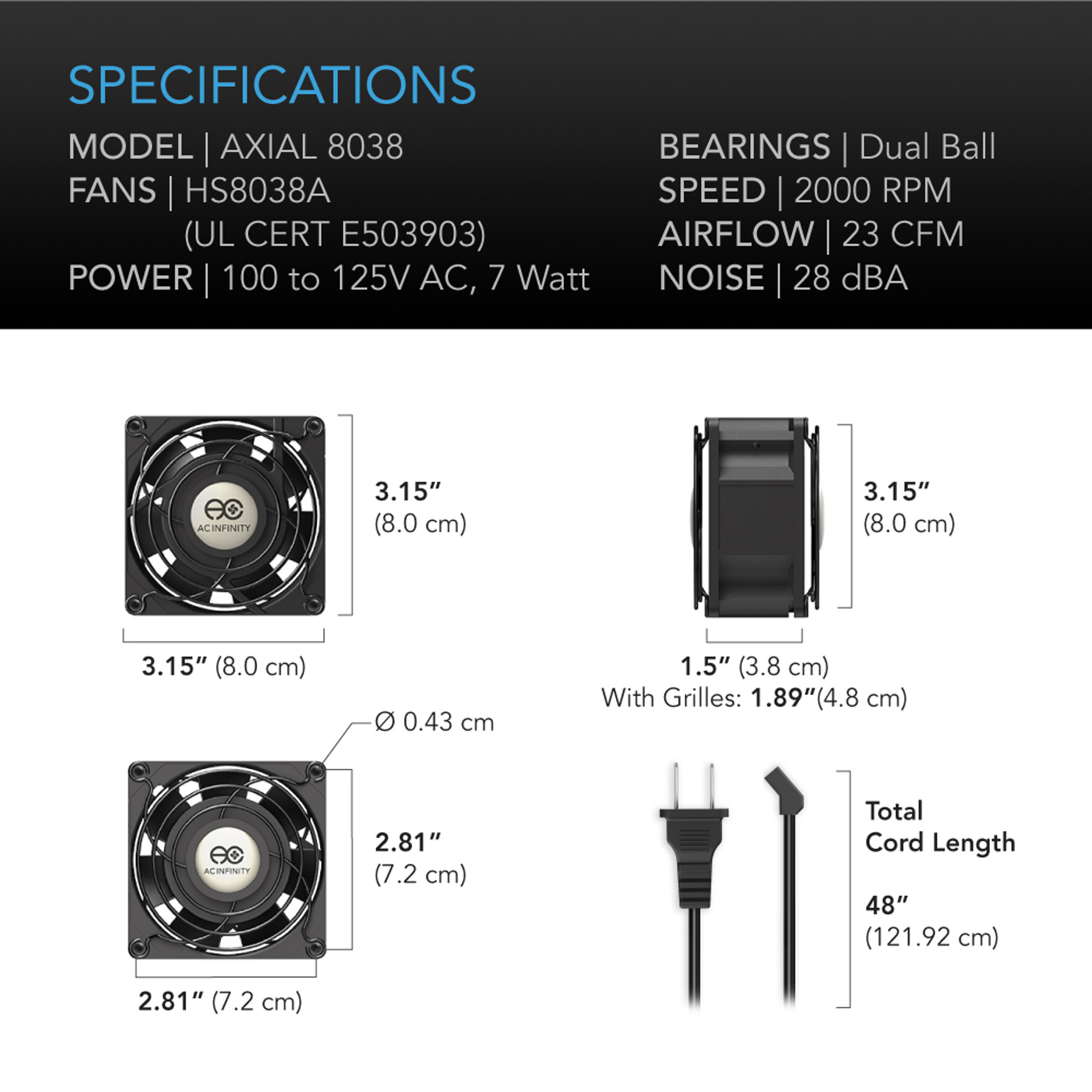 AXIAL 8038, Muffin 120V AC Cooling Fan, 80mm x 80mm x 38mm
