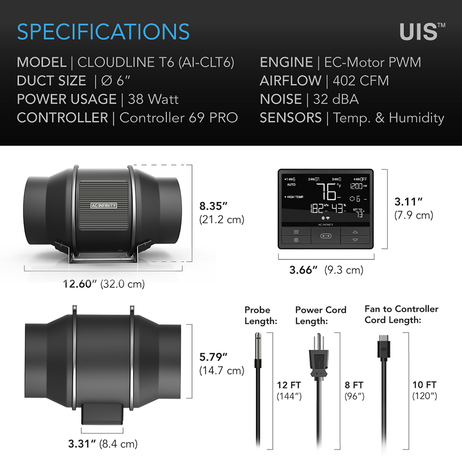 CLOUDLINE T6 Inline Fan 6″ Temp & Humidity VPD | AC Infinity