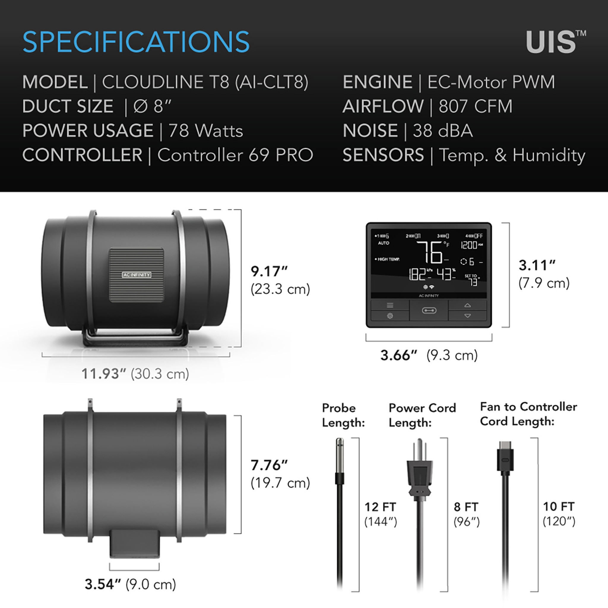 CLOUDLINE PRO T8, Quiet Inline Duct Fan System with Temperature