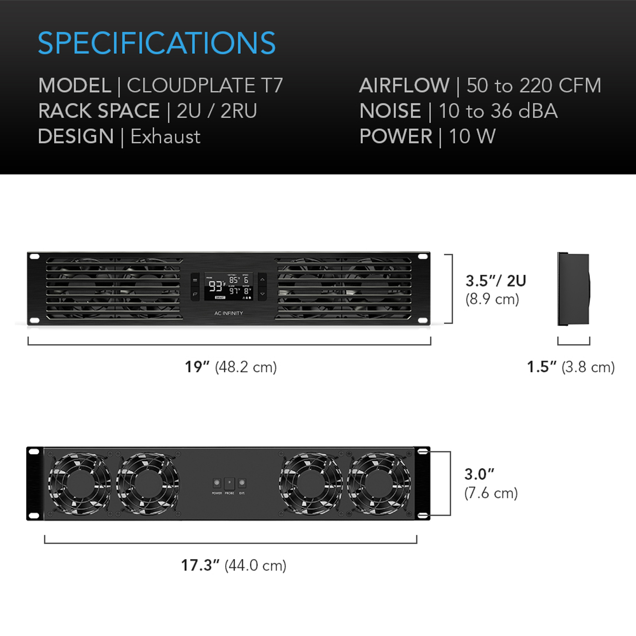 CLOUDPLATE T7, Quiet Rack Cooling Fan System 2U, Exhaust - AC Infinity