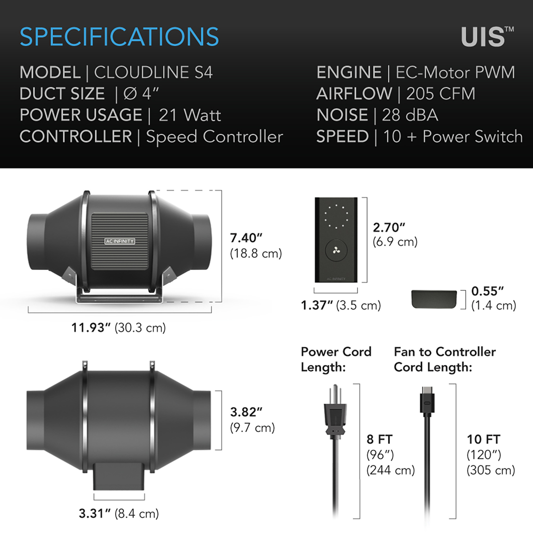 CLOUDLINE PRO S4, Quiet Inline Duct Fan System with Speed Controller, 4-Inch