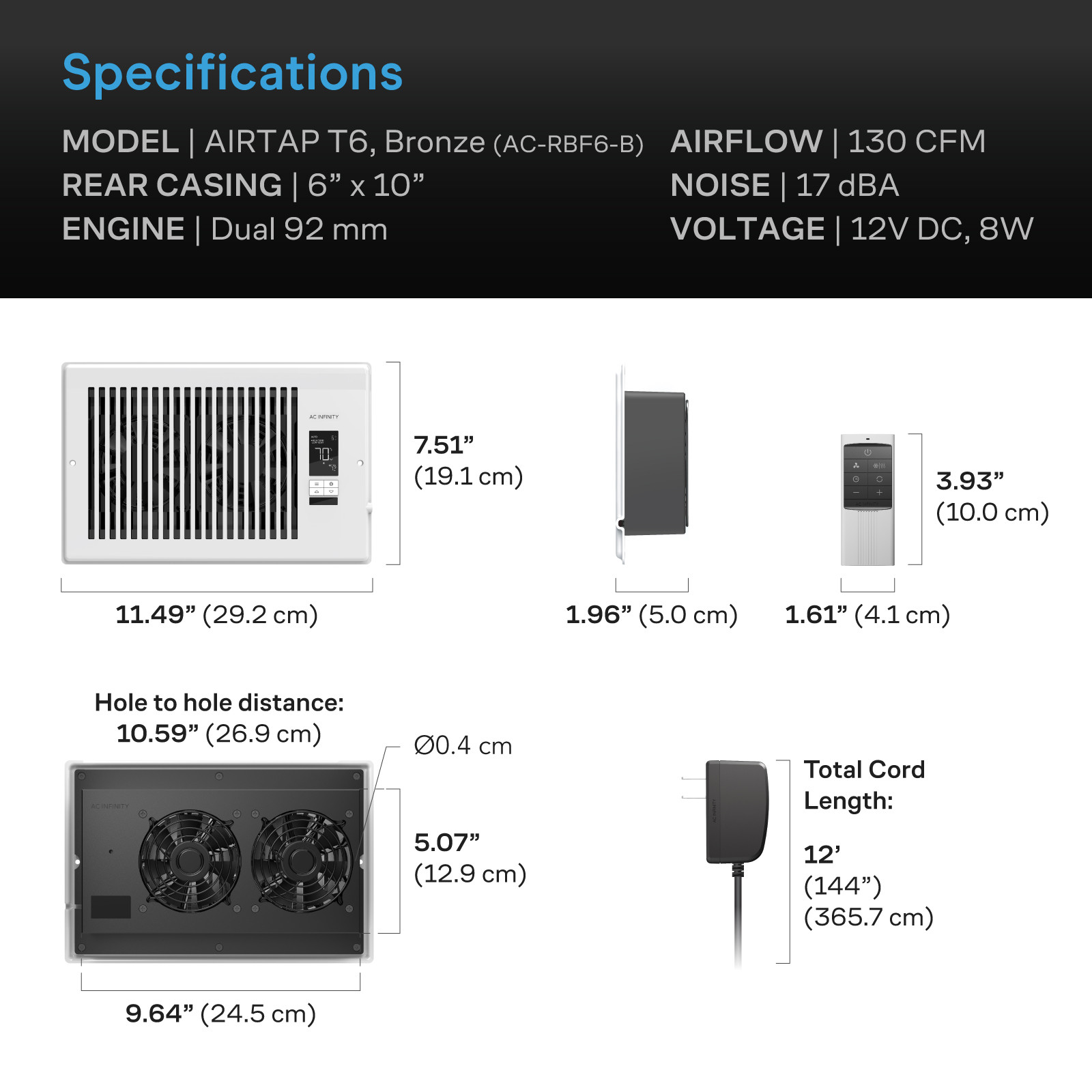 AC Infinity AIRTAP T6 換気扇 静音 温度表示新品 AIRTAP T6, Smart Register Booster Fan 6