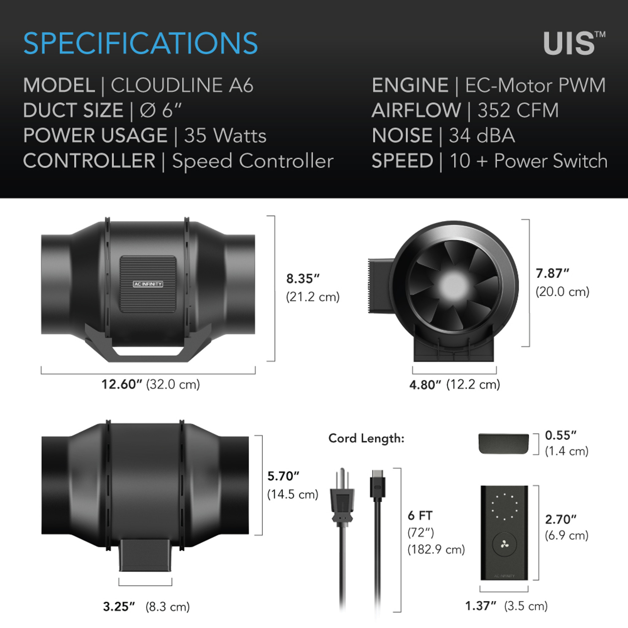 CLOUDLINE A6, Quiet Inline Fan with Speed Controller, 6-Inch