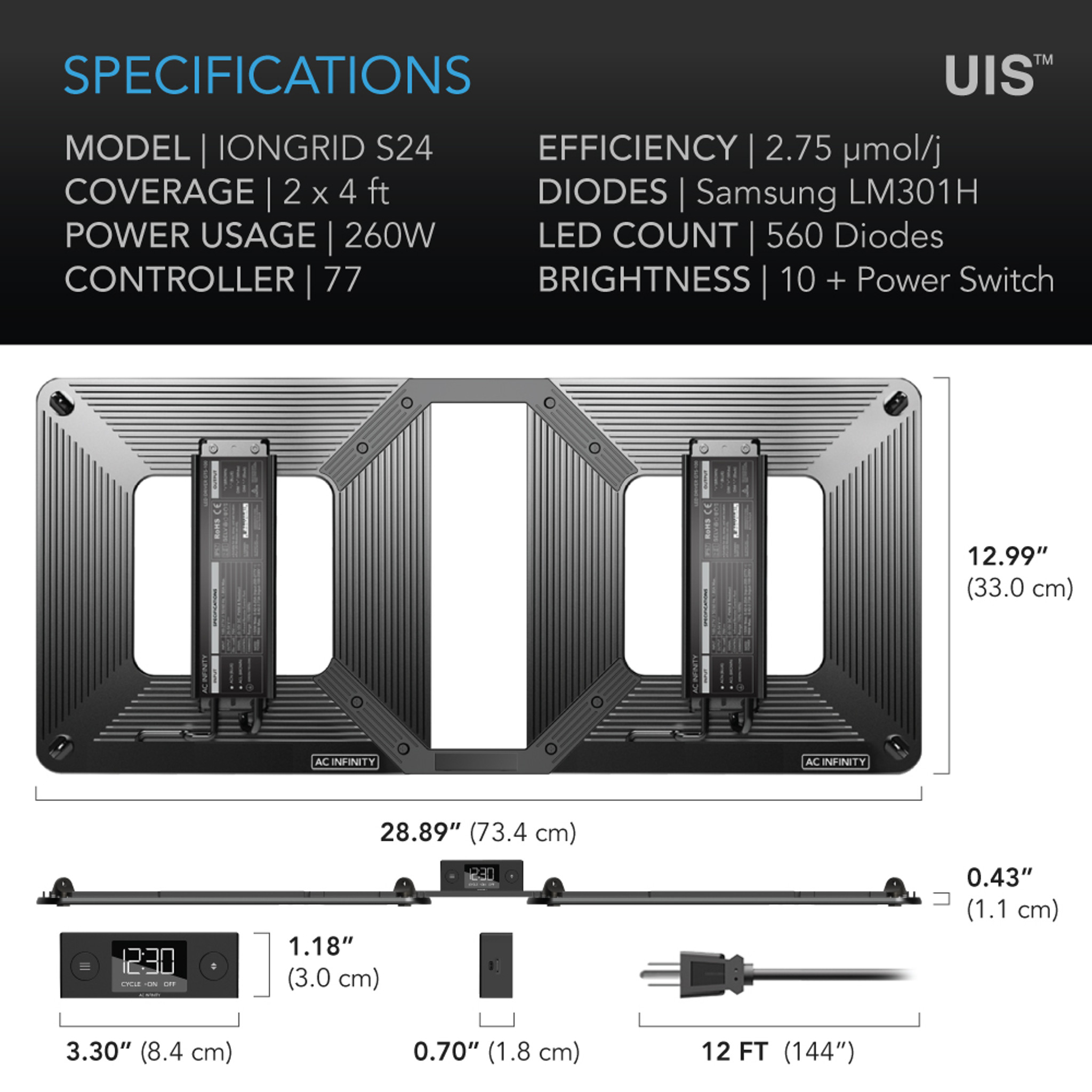 IONGRID S24, Full Spectrum LED Grow Light 260W, Samsung LM301H, 2x4 Ft.  Coverage - AC Infinity