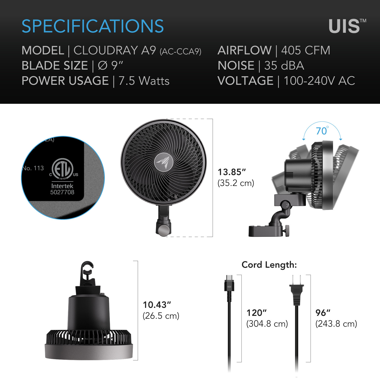 CLOUDRAY A9 Grow Tent Clip Fan 9″ 10-Speed Manual | AC Infinity