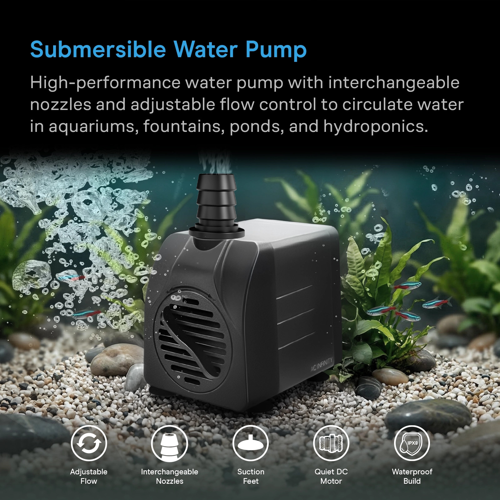 Submersible Water Pump, 396 GPH with 5 ft Lift Height | AC Infinity