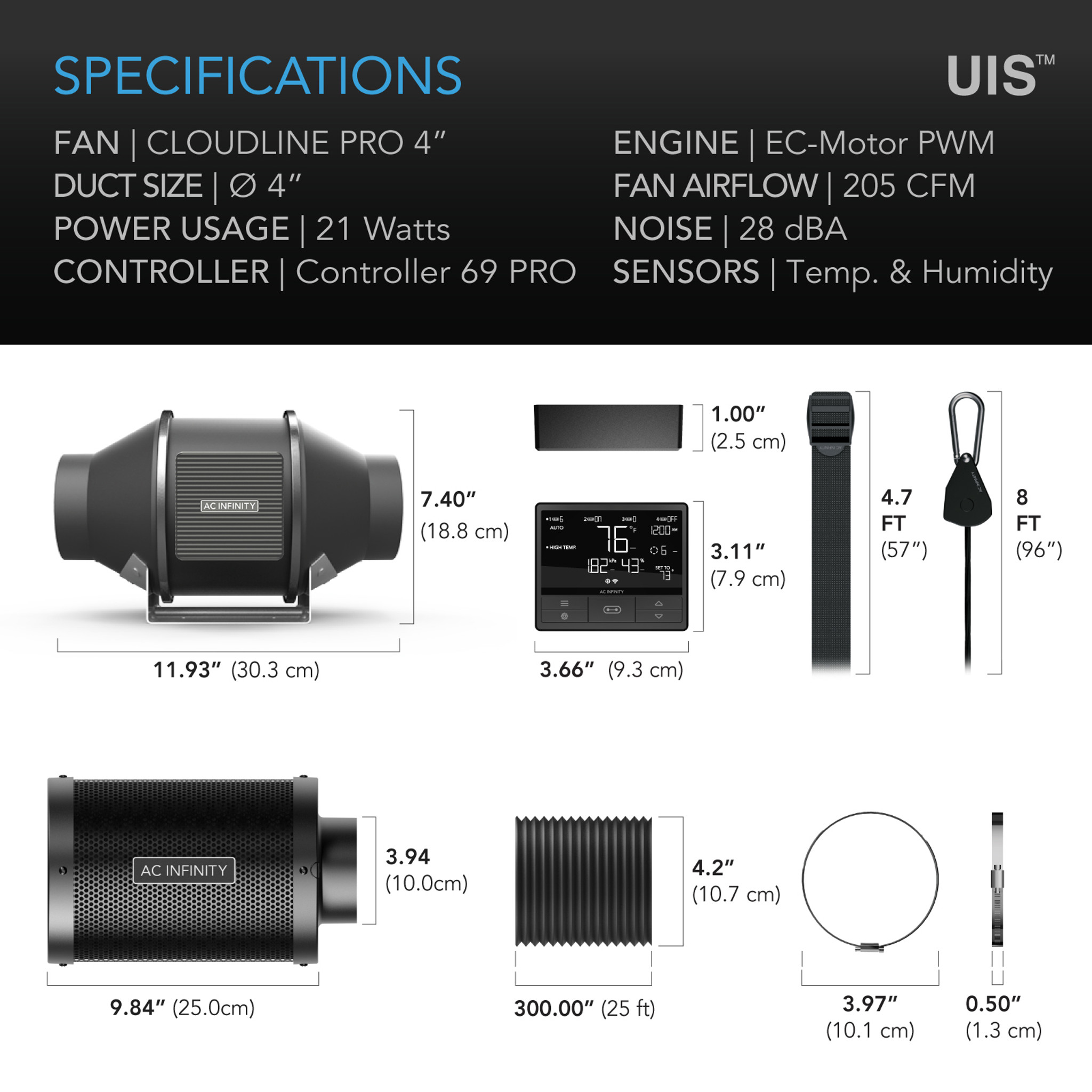 V4 - Complete 4 inch Ventilation kit with Cloudline AC Infinity fan - T4  with auto temp/humidity controller. - PA Hydroponics