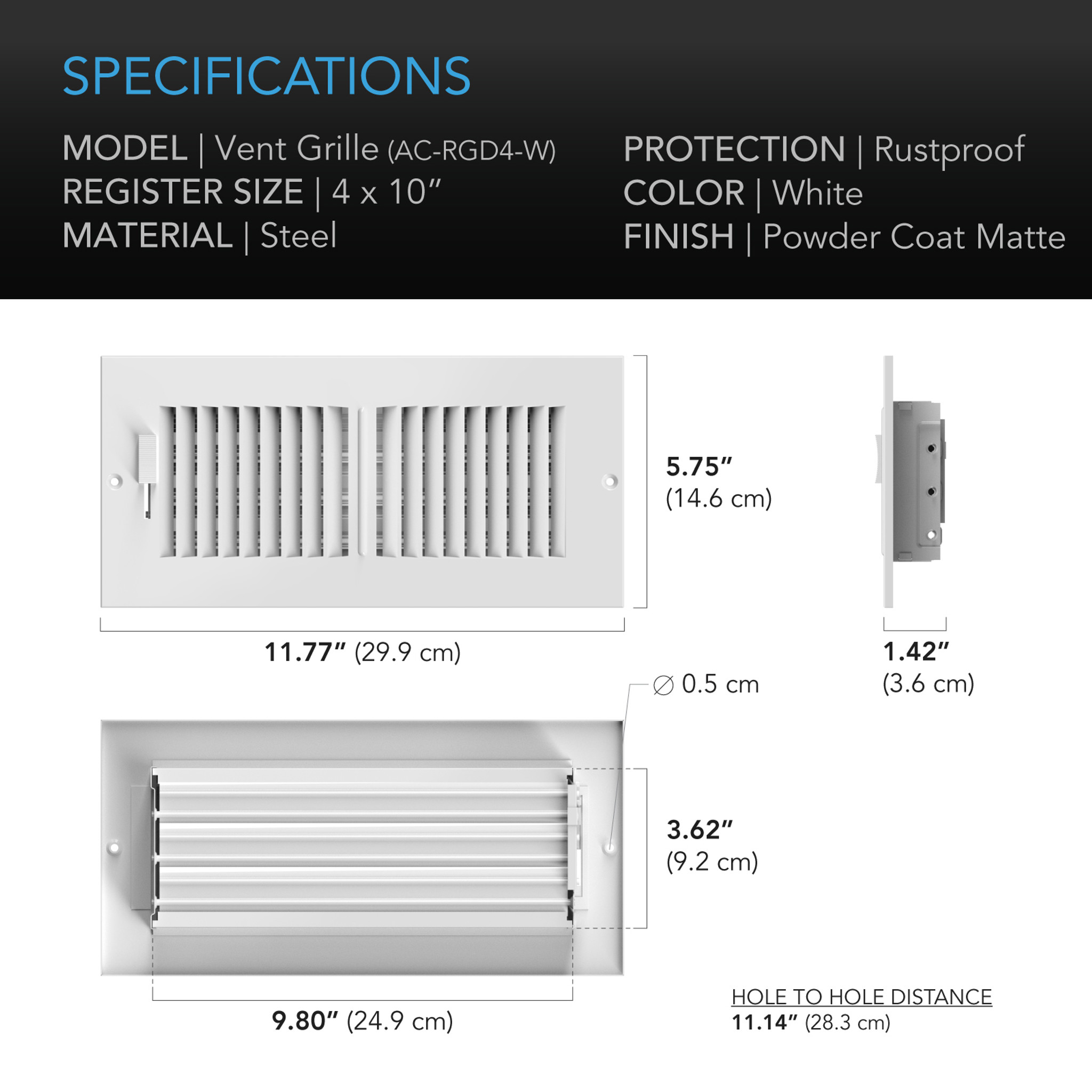 Register Ventilation Grille 4 x 10, White