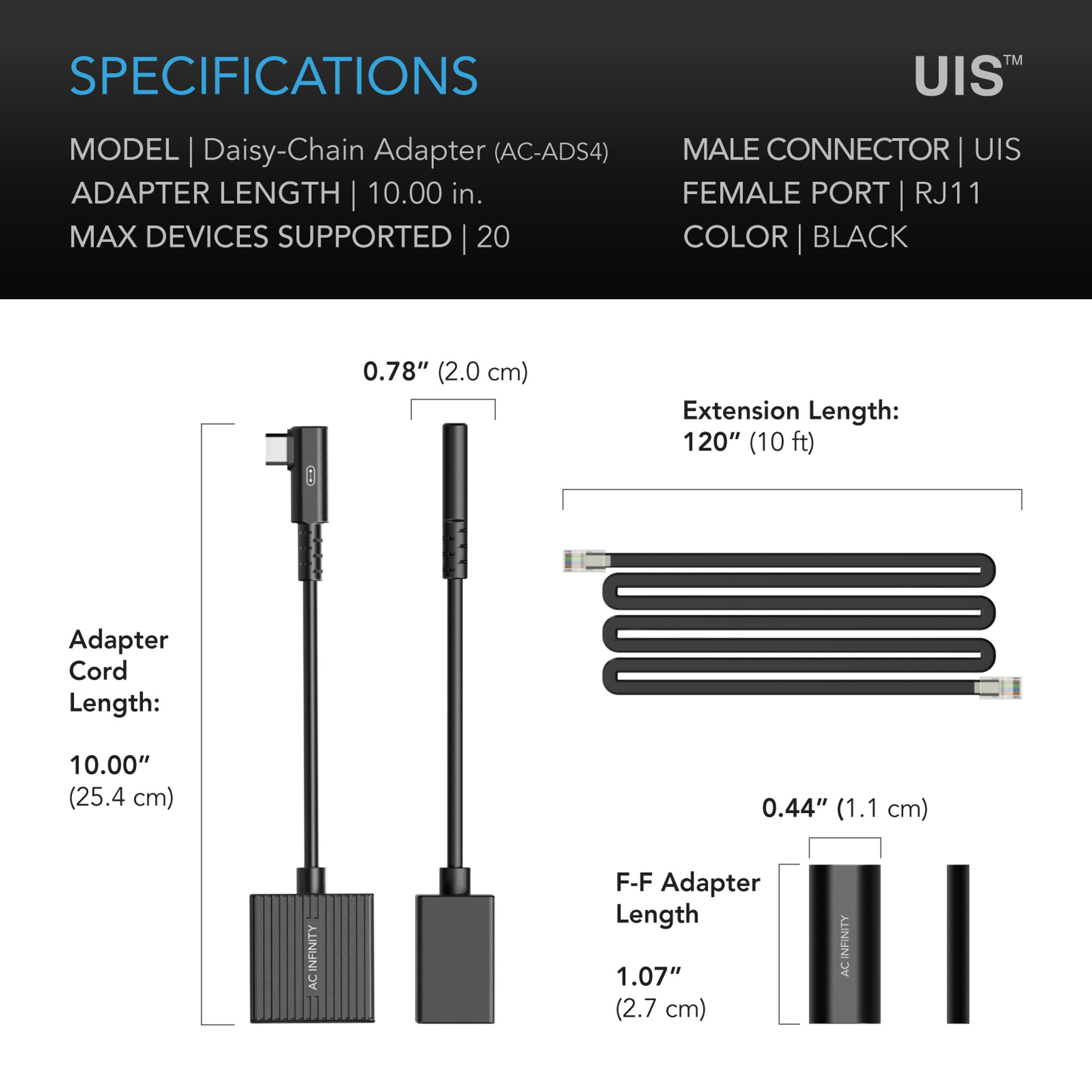 AC Infinity UIS Lighting Adapter Type-A for RJ11/12 Connector Lights with PWM or 0-10V Dimmers