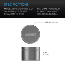 3-Chamber Spice Grinder, 2.5” Gunmetal Aluminum Alloy Manual Grater Mill with Scraper, for Pepper, Spices, and Tea