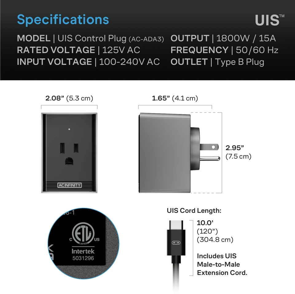 UIS Control Plug, for Outlet-Powered Equipment - AC Infinity