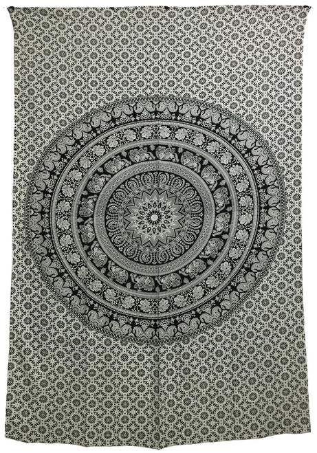Indian Cotton Tapestry Elephant Mandala Black & White