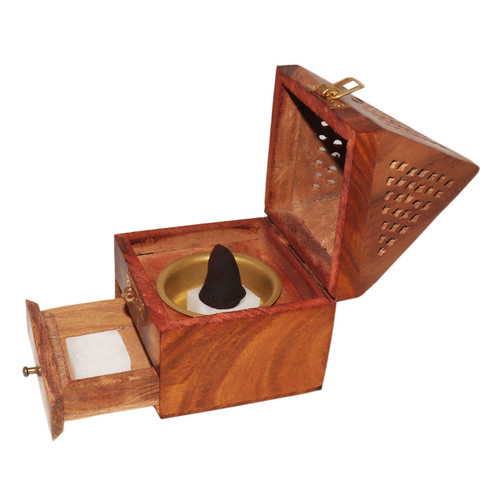 Wooden Pyramid Cone / Charcoal Burner with Storage Net Carving