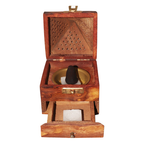 Wooden Pyramid Cone / Charcoal Burner with Storage Net Carving