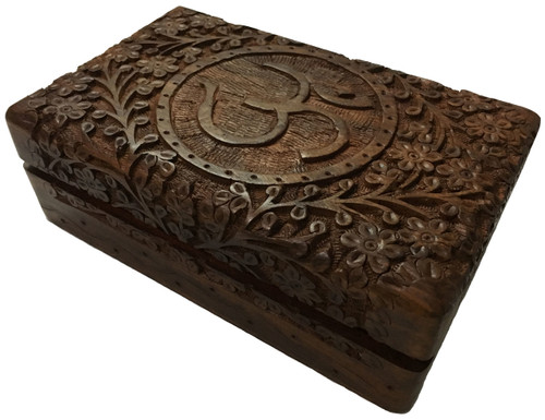 Wooden Handicraft Storage Box 5" x 8" Om (Brown)
