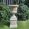 Large Sandstone Fluted Urn and Column with Laurel Wreaths 