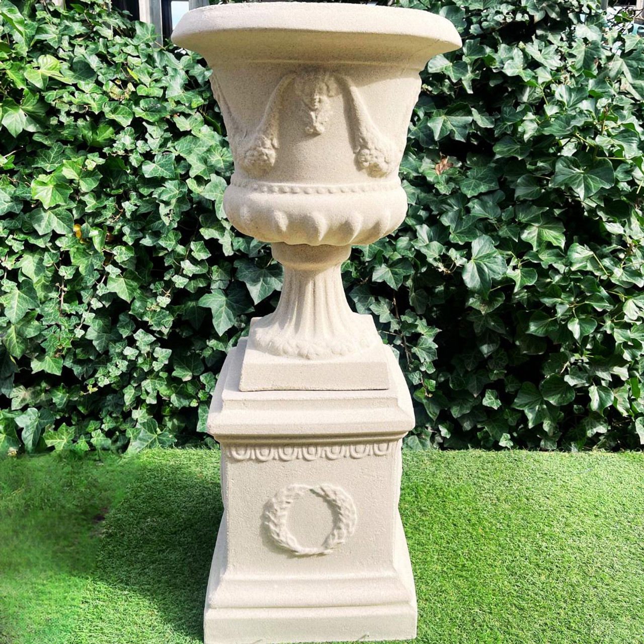 Large Sandstone Fluted Urn and Column with Laurel Wreaths 