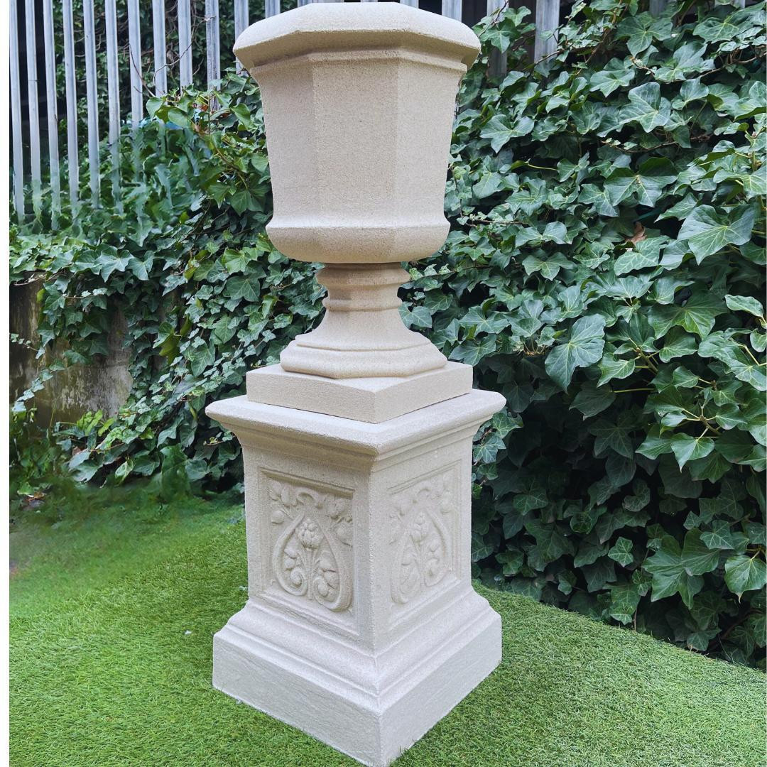 Large Sandstone Fluted Urn and Column with Laurel Wreaths (Limited edition) 