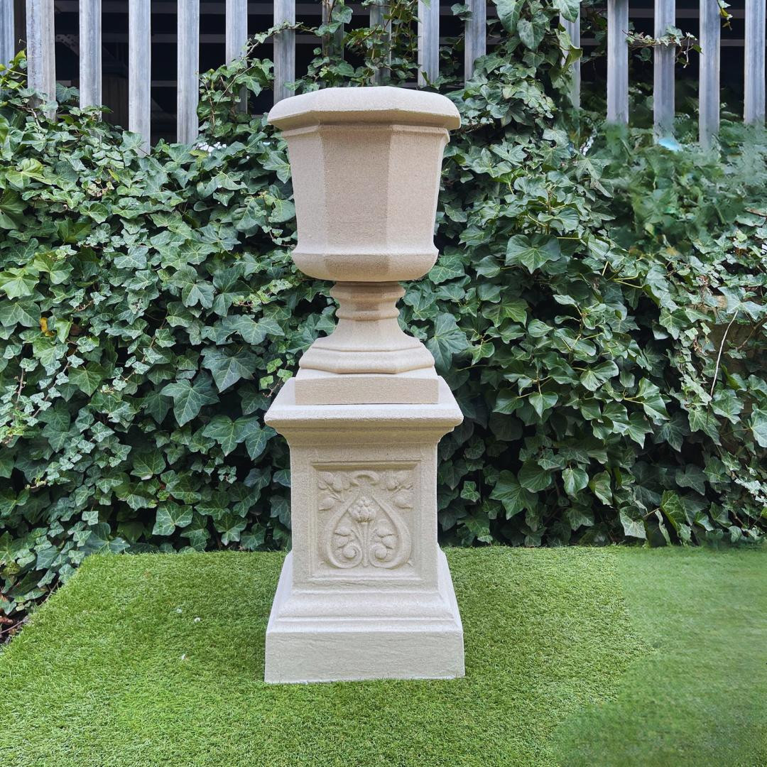 Tall Octagonal Urn on Plinth with Lotus