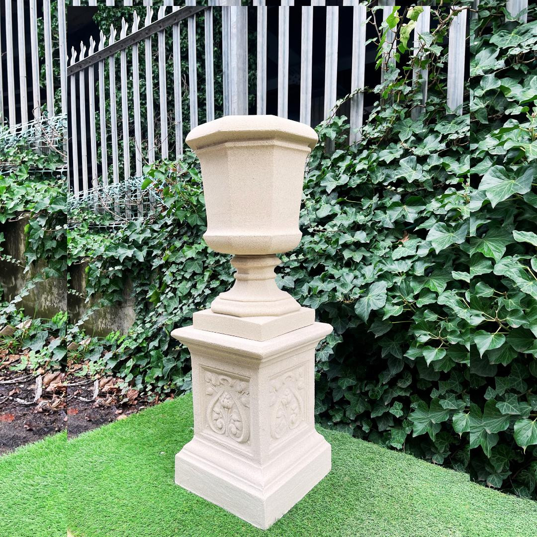 Tall Octagonal Urn on Plinth with Lotus