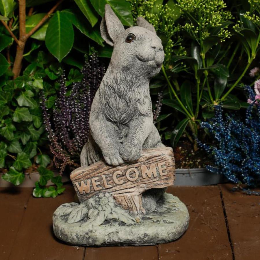 Welcome Bunny Stone Cast Statue Garden Ornament | Cute Rabbit Statue