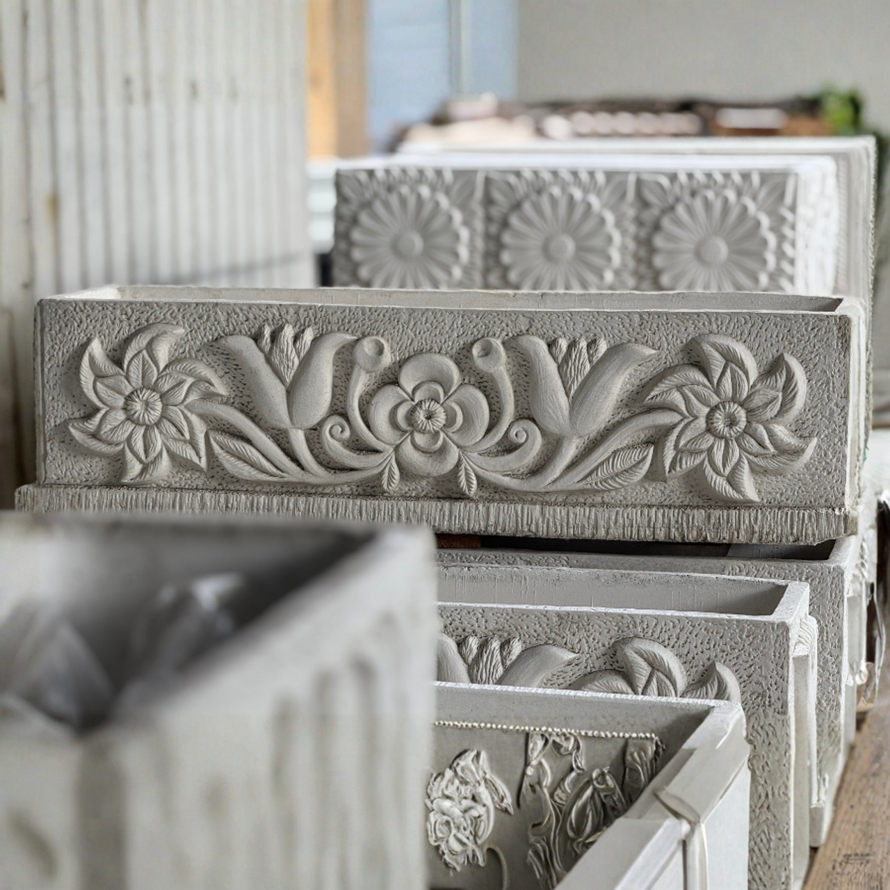 Large White Stone Cast Tulip Trough Planter