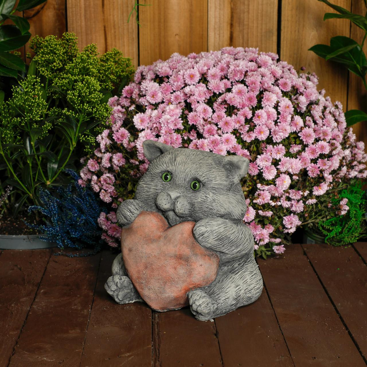 Cat with a Big Heart – Stone Cast Garden Cat Ornament  Cat with a Big Heart – Stone Cast Garden Cat Ornament