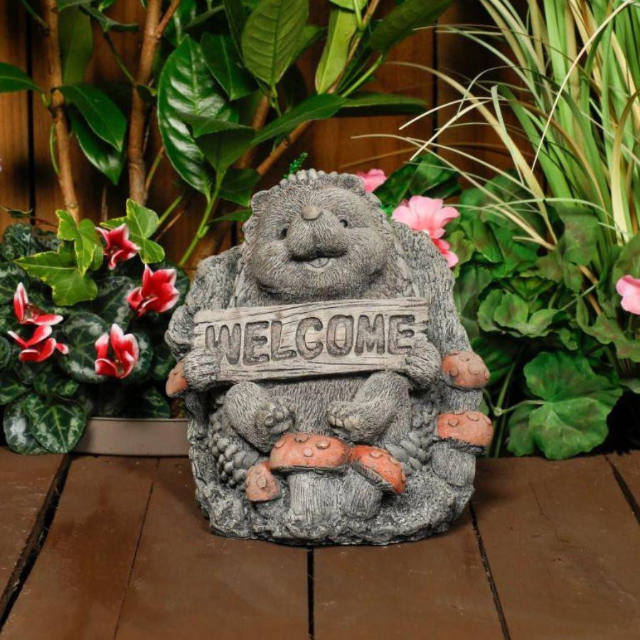 Cheerful Stone Cast Hedgehog with Welcome Sign 