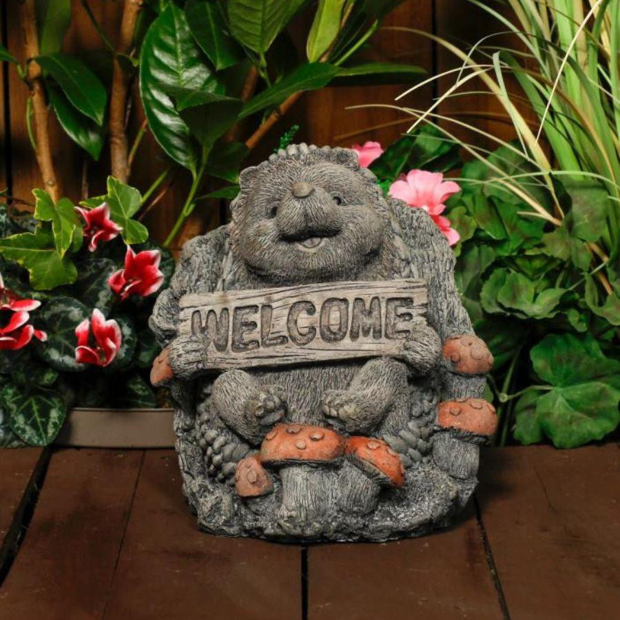 Cheerful Stone Cast Hedgehog with Welcome Sign
