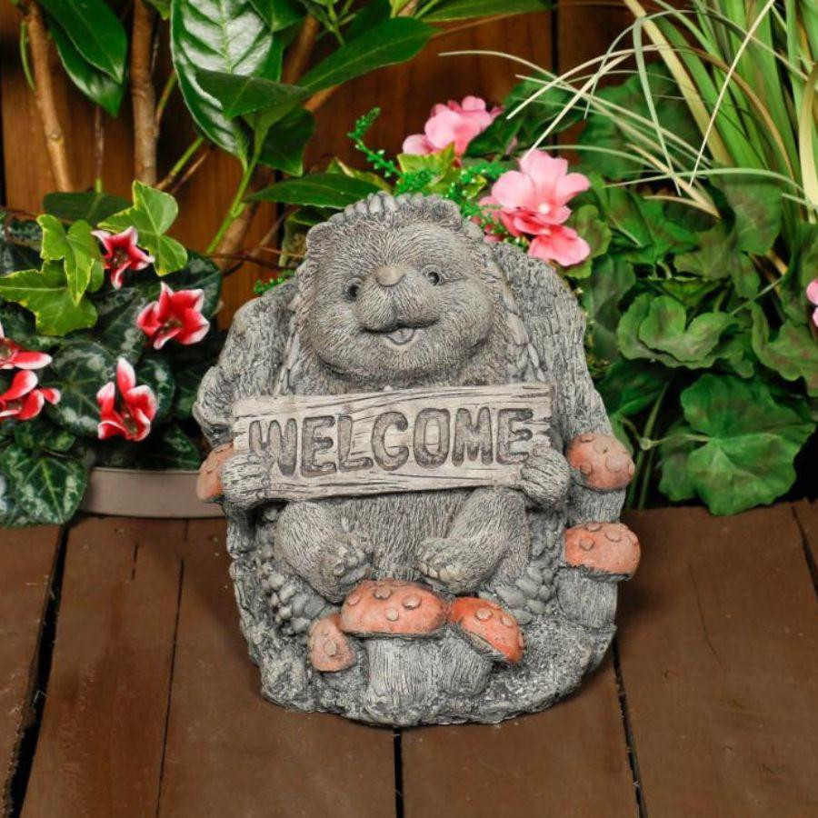 Cheerful Stone Cast Hedgehog with Welcome Sign 