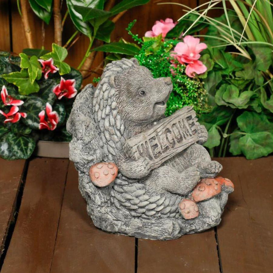 Cheerful Stone Cast Hedgehog with Welcome Sign