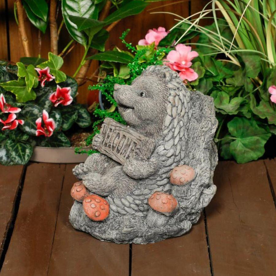 Cheerful Stone Cast Hedgehog with Welcome Sign 