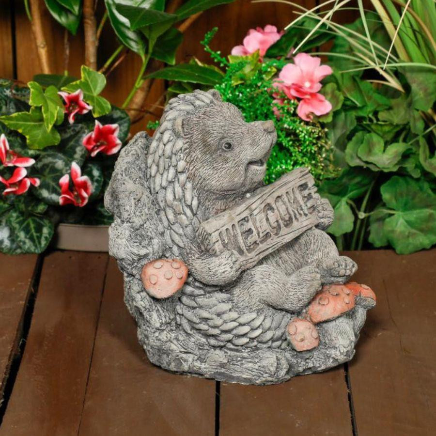 Cheerful Stone Cast Hedgehog with Welcome Sign 