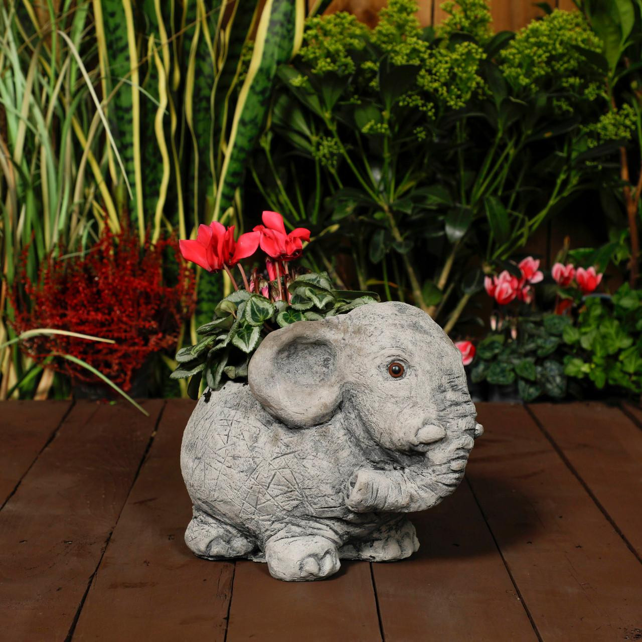 Adorable Stone Cast Elephant Planter with Carved Texture
