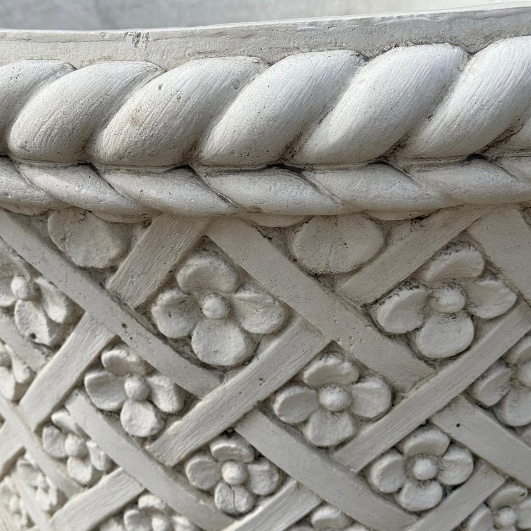 Large Round White Stone Cast Wicker/Flower Design Planter Pot