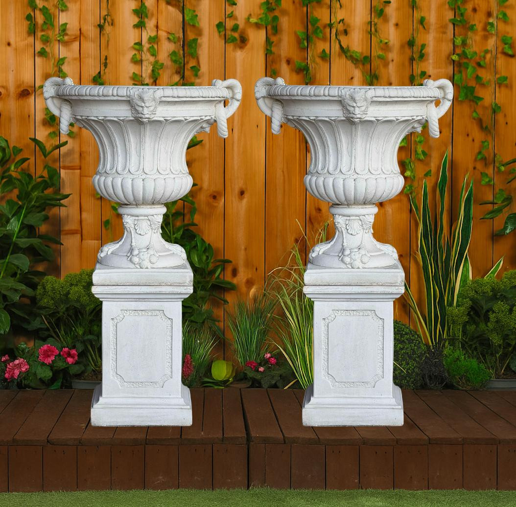 Pair of Extra Large Ring Handle Classic Garden Vases on Plinths