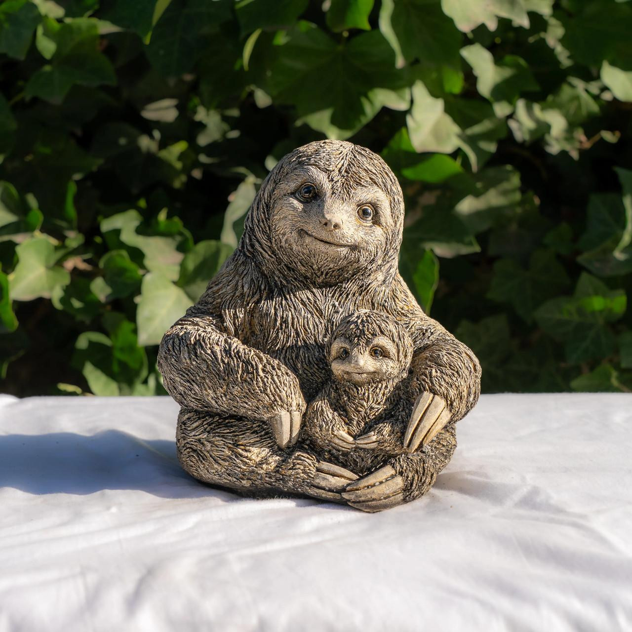 Stone Cast Mom & Baby Sloth Garden Sculpture Animal Statue 