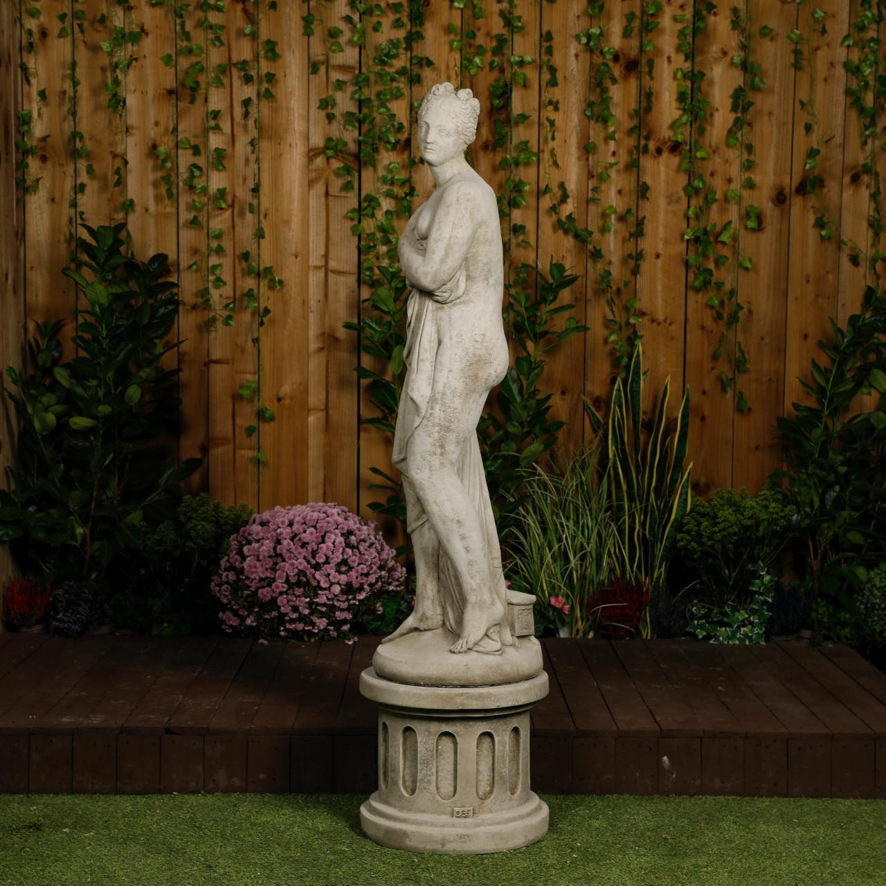 Large Stone Cast Pandora Lady Statue on Column