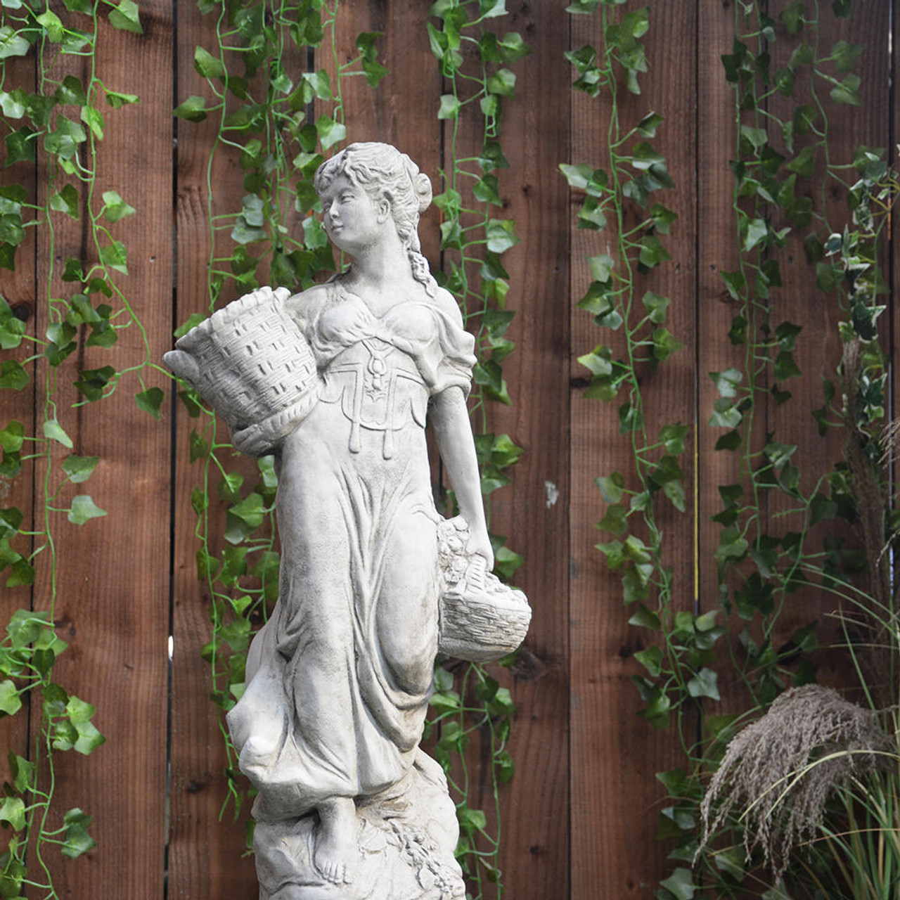 Conservatory Female Statue with Basket on a Fancy Pedestal