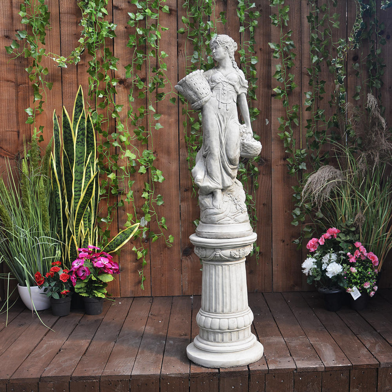 Conservatory Female Statue with Basket on a Fancy Pedestal