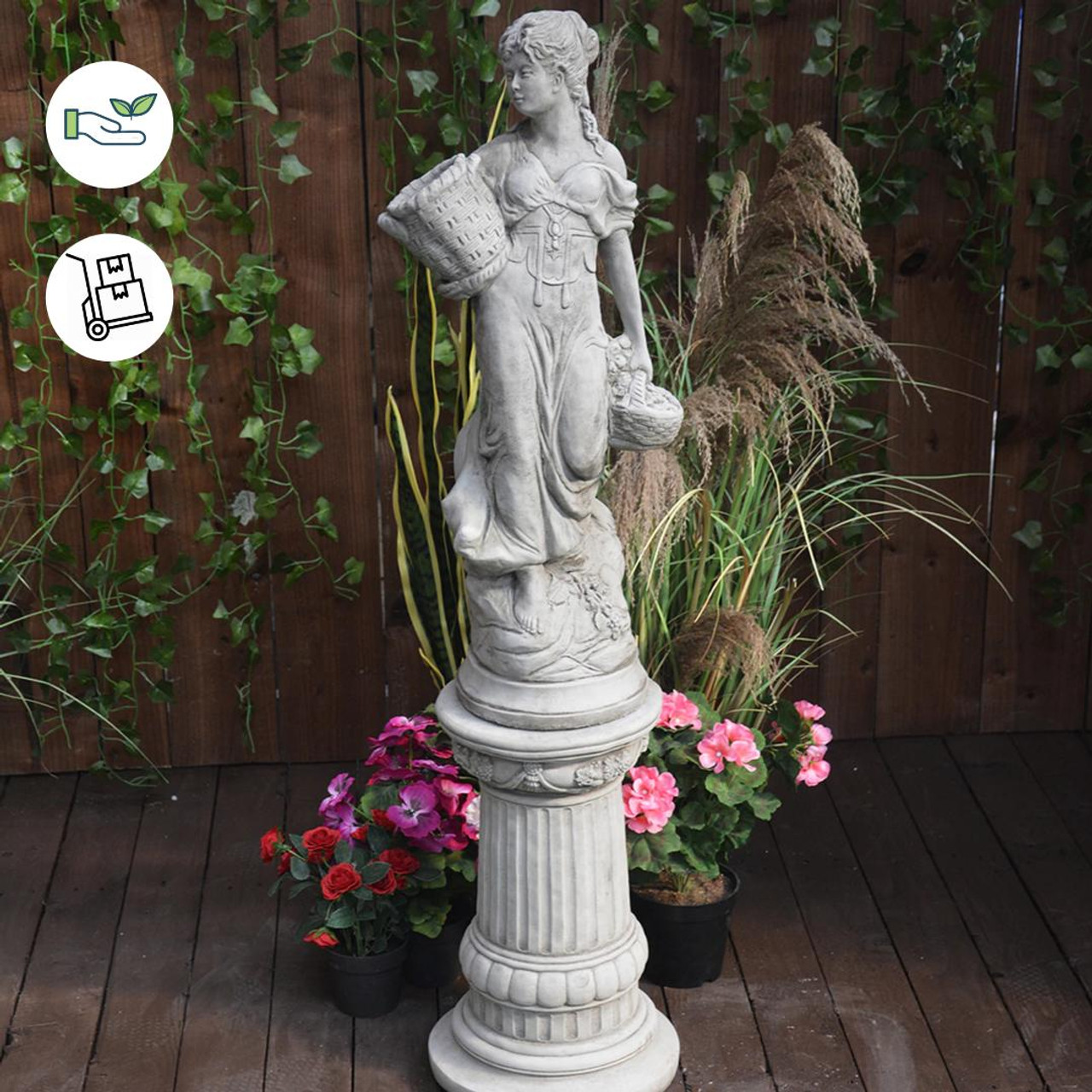 Conservatory Female Statue with Basket on a Fancy Pedestal