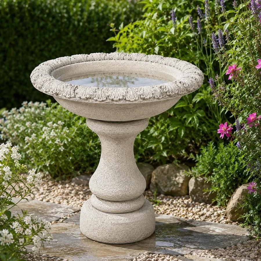 Stone Cast Richmond Birdbath with Decorative Carved Basin and Pedestal 