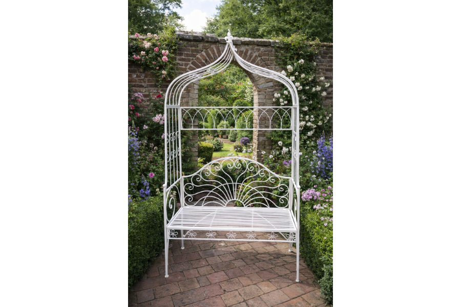 Milk White Garden Bench – Ornate Metal Outdoor Seating