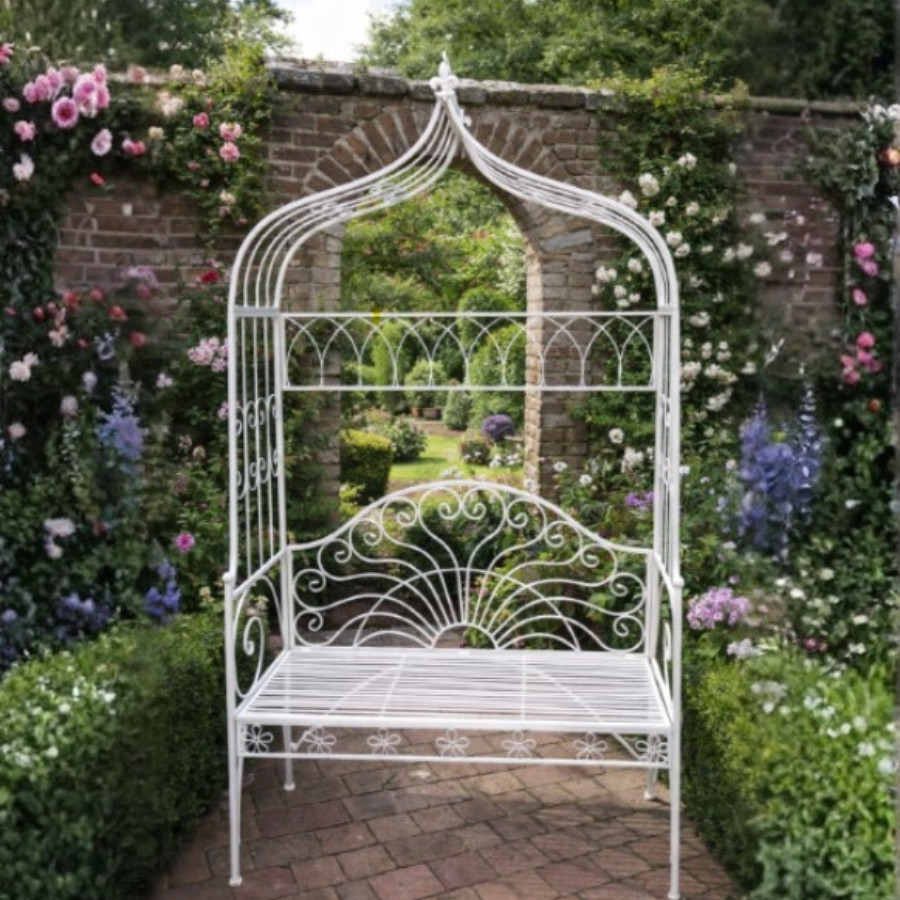Milk White Garden Bench – Ornate Metal Outdoor Seating